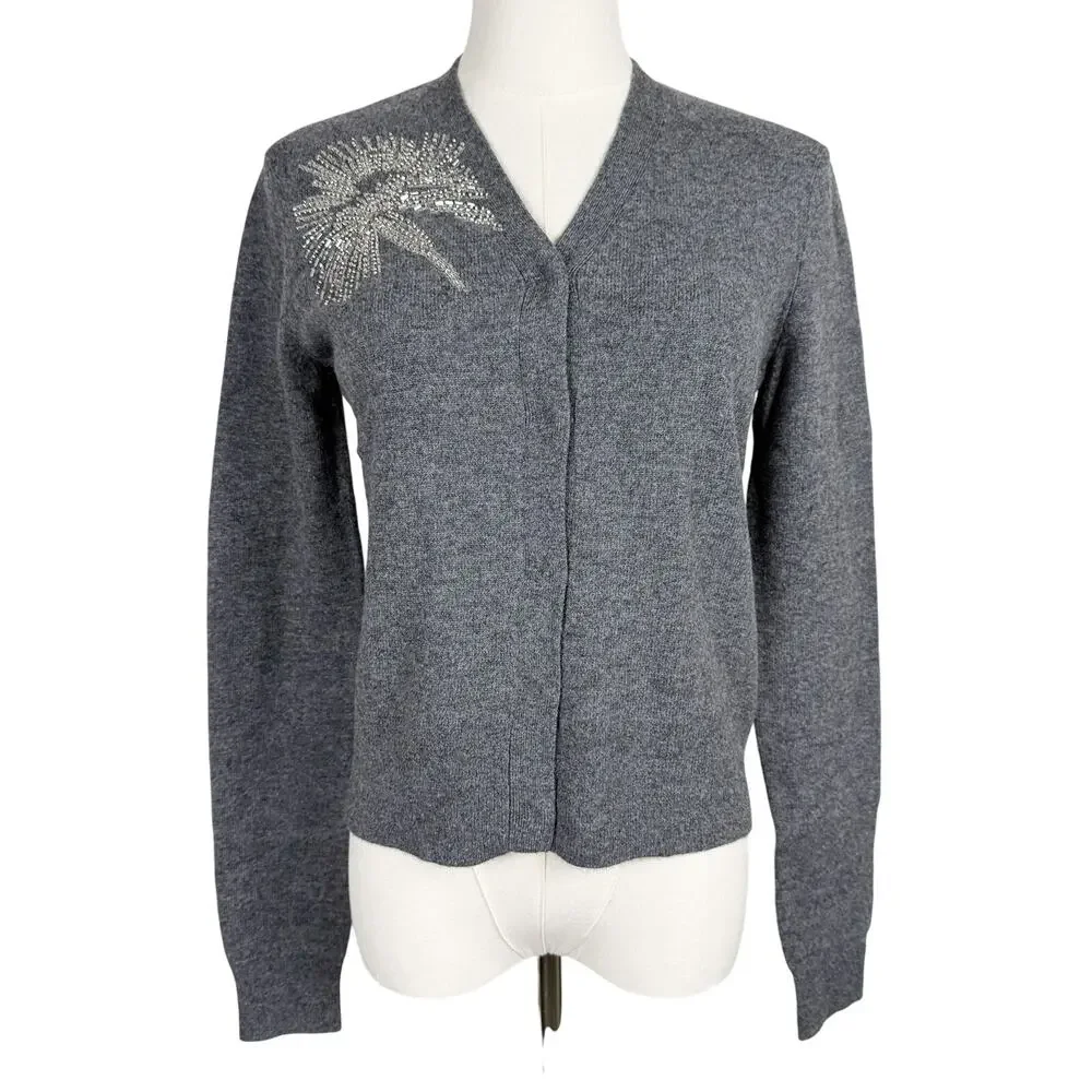 Tory Burch Merino Wool Cardigan Beaded Palm Tree Gray Sweater - XS